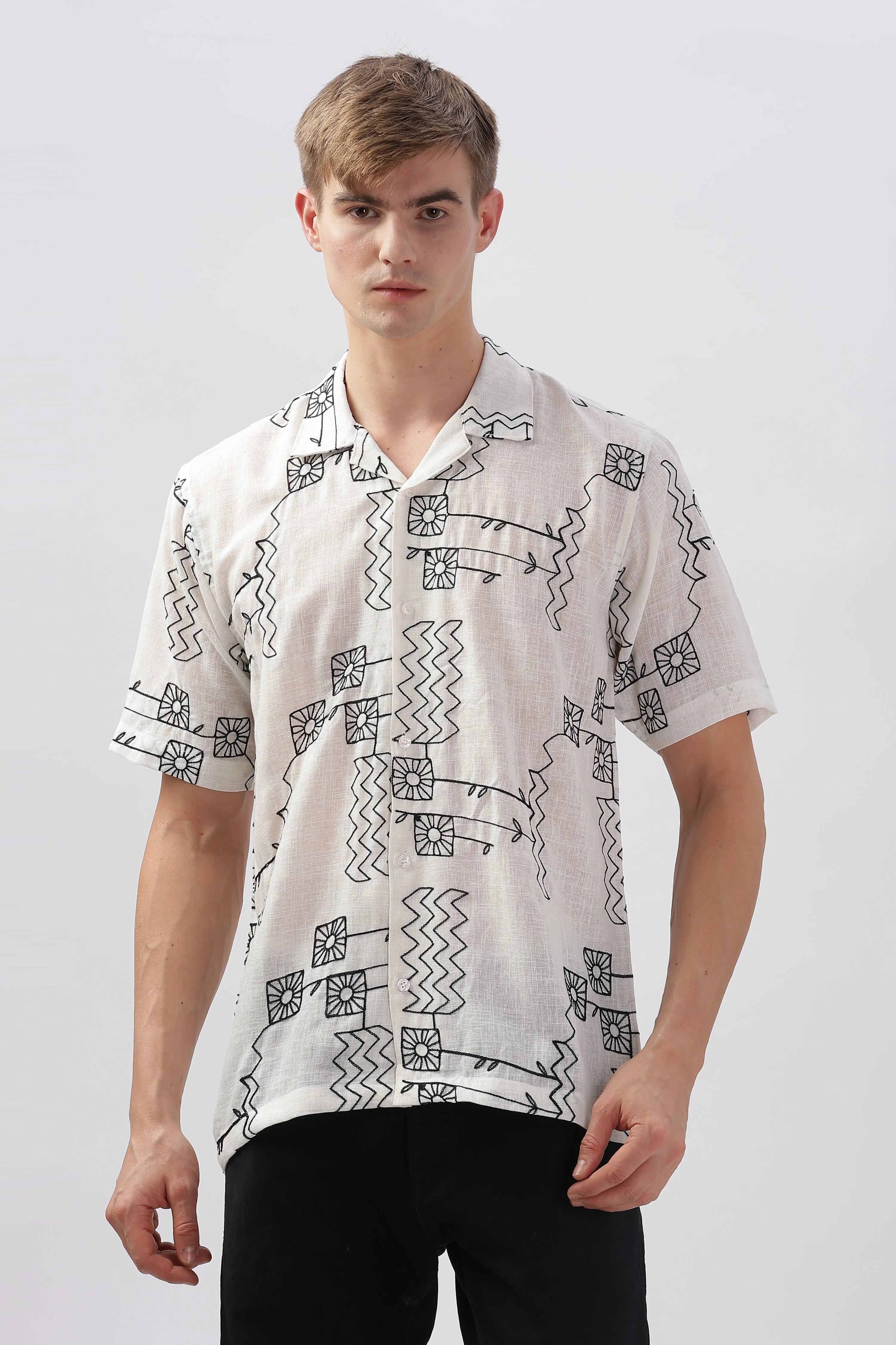 White abstract linen embroidered half sleeve shirt